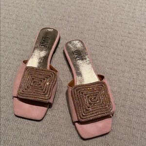 Beaded Square Pink Slide Mules
